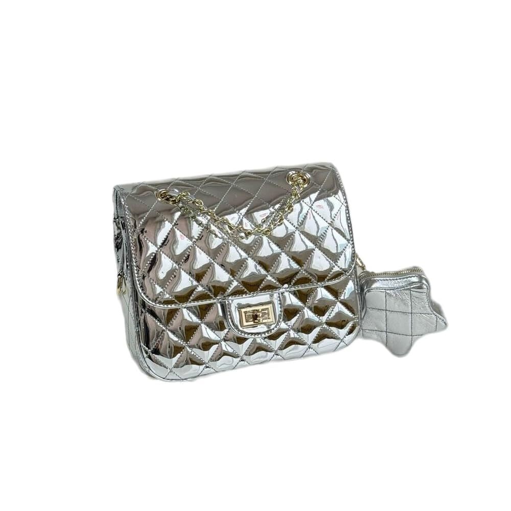 8107 Genuine Patent Leather Shoulder Bags Silver